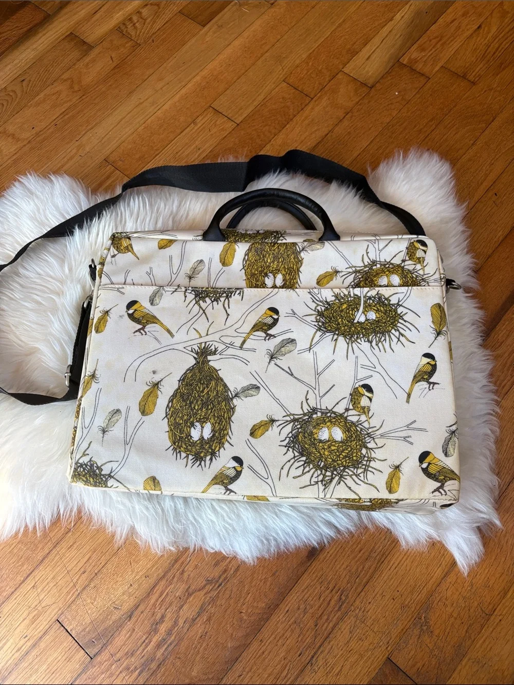 Danica Studios Canvas Bird-Print Laptop Bag in Cream and Mustard